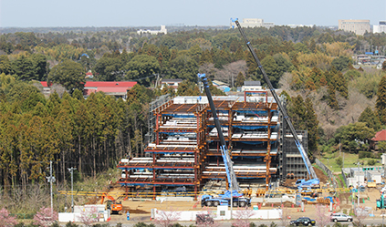桜が咲く中、鉄骨も道路側まで施工が進んでいます